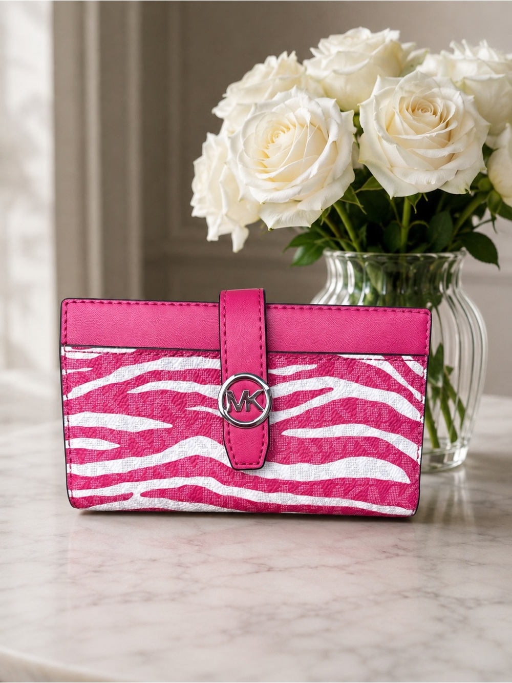 Michael Kors Hot Pink and White Zebra-Print Leather Wallet